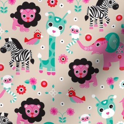 Adorable pink jungle zoo animals elepant giraffe lion monkey lemur zebra and birds illustration design for girls