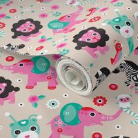 Adorable pink jungle zoo animals elepant giraffe lion monkey lemur zebra and birds illustration design for girls