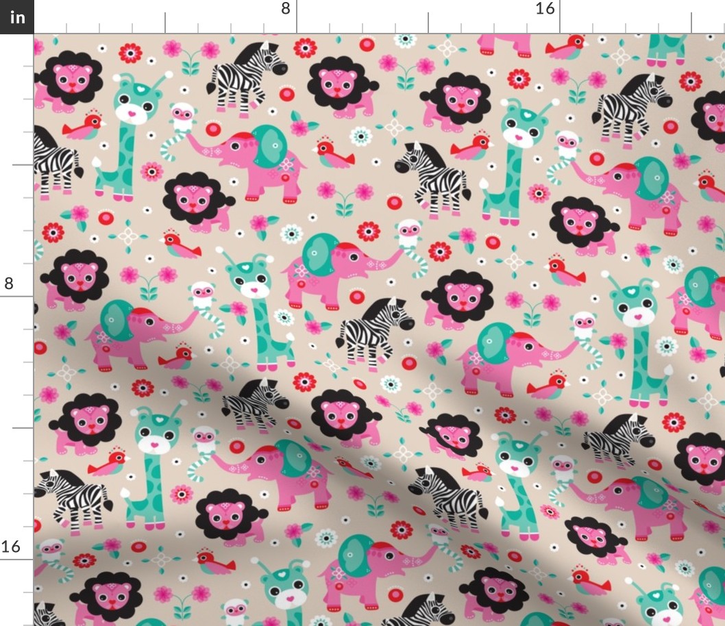 Adorable pink jungle zoo animals elepant giraffe lion monkey lemur zebra and birds illustration design for girls