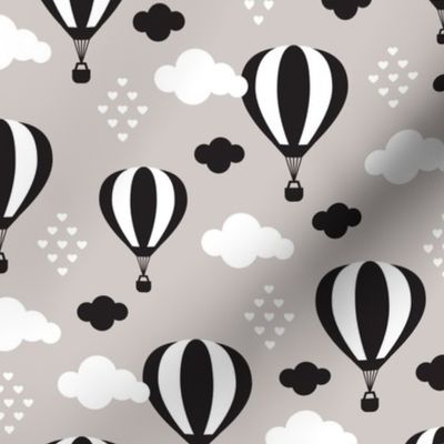 Soft pastel clouds beige black and white hot air balloon and love sky scandinavian style illustration pattern