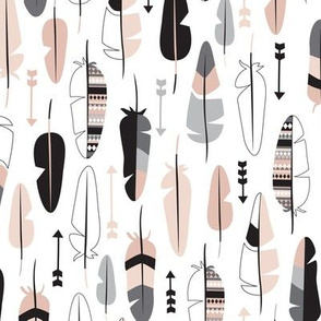 Geometric vintage feathers pastel arrows in beige pastel nudes white and black illustration pattern