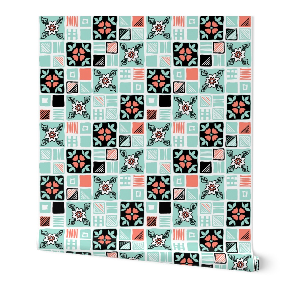 coral_mint_black_white_tiles_4x4_3a