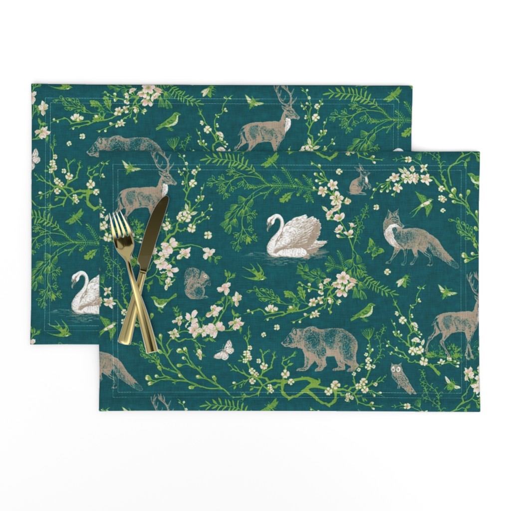 Spring Woodland Toile (teal linen) LRG