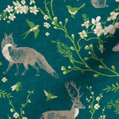 Spring Woodland Toile (teal linen) LRG