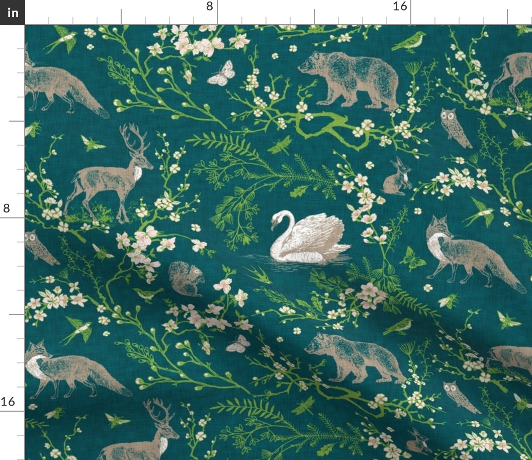 Spring Woodland Toile (teal linen) LRG