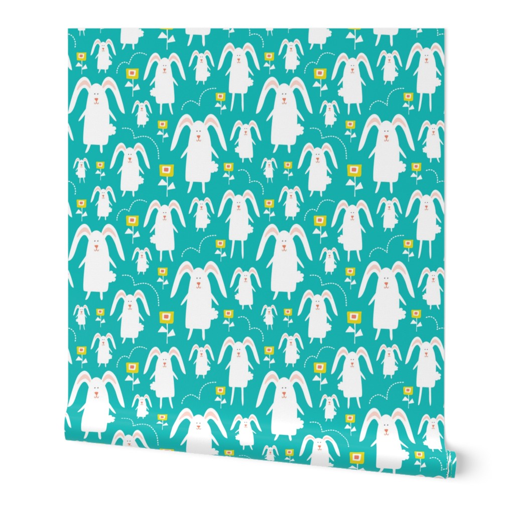 Bouncing Bunnies - Rabbits Flowers Easter Turquoise