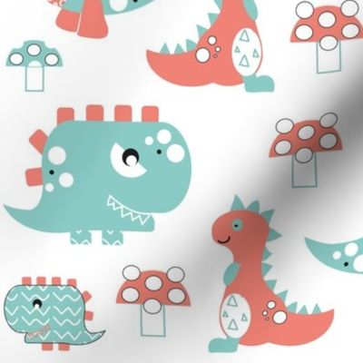 Dinosaur roar - coral and mint green