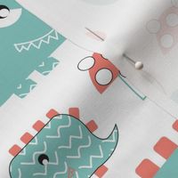 Dinosaur roar - coral and mint green