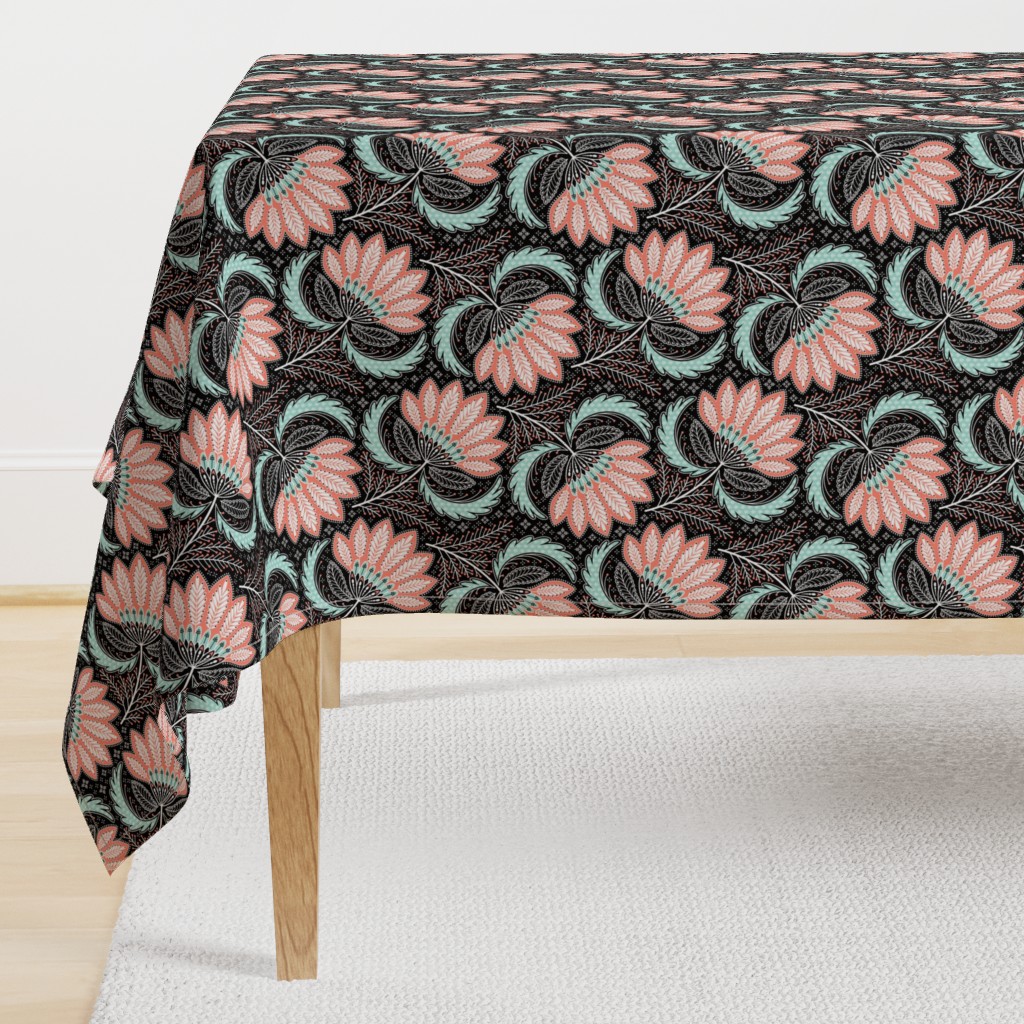 floral of coral, mint, black & white