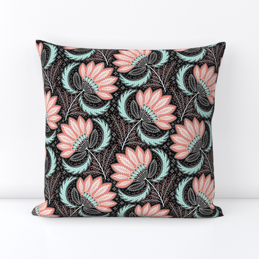 floral of coral, mint, black & white