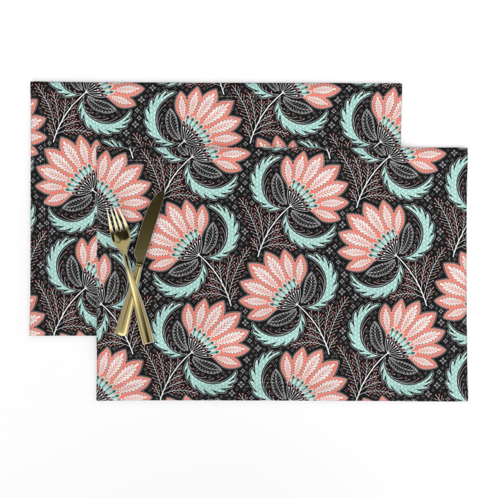 floral of coral, mint, black & white