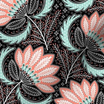 floral of coral, mint, black & white