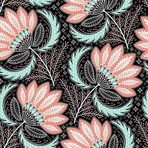 floral of coral, mint, black & white