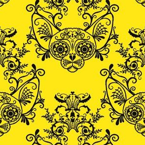  Sugar Skull Sphynx Cat Damask Yellow