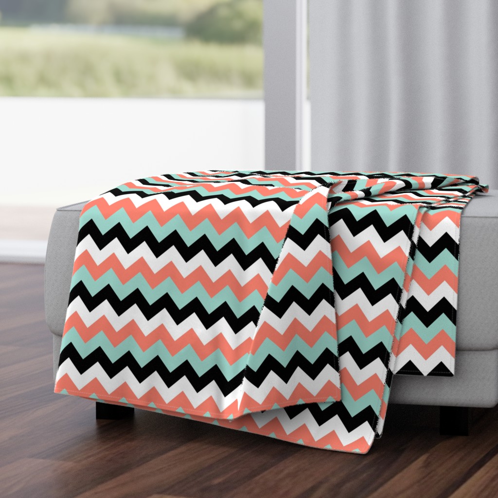 Chevron in Coral, Mint, Black and White