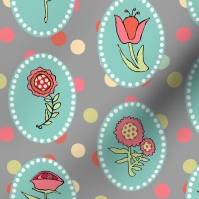 Flowers in Ovals on Gray with Polka Dots