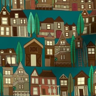 wooden buildings teal