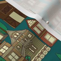 wooden buildings teal