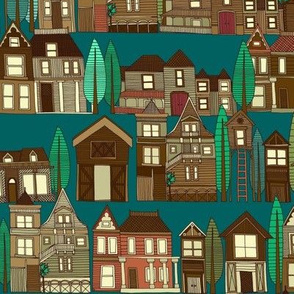 wooden buildings teal