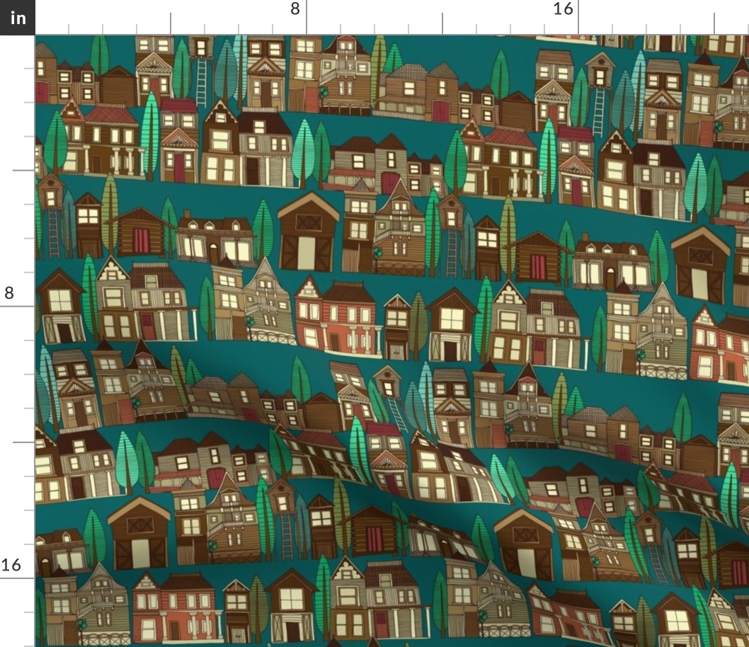 wooden buildings teal