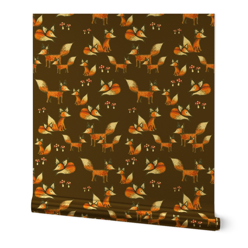 Foxes and Mushrooms on Brown