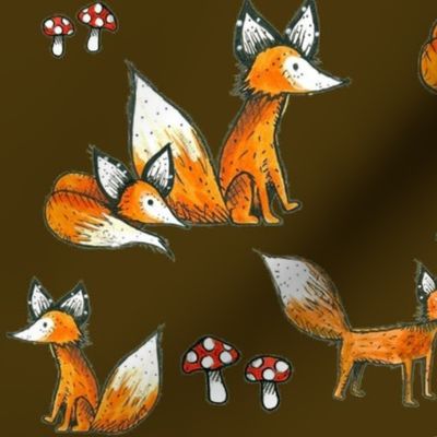 Foxes and Mushrooms on Brown