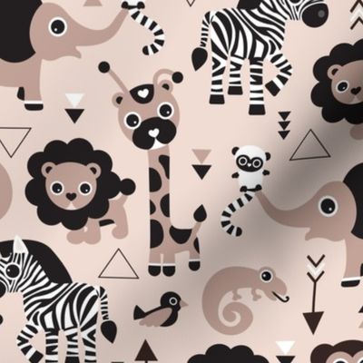 Geometric jungle zoo animals adorable kids design in gender neutral black white and beige 