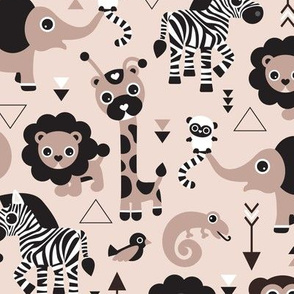 Geometric jungle zoo animals adorable kids design in gender neutral black white and beige 