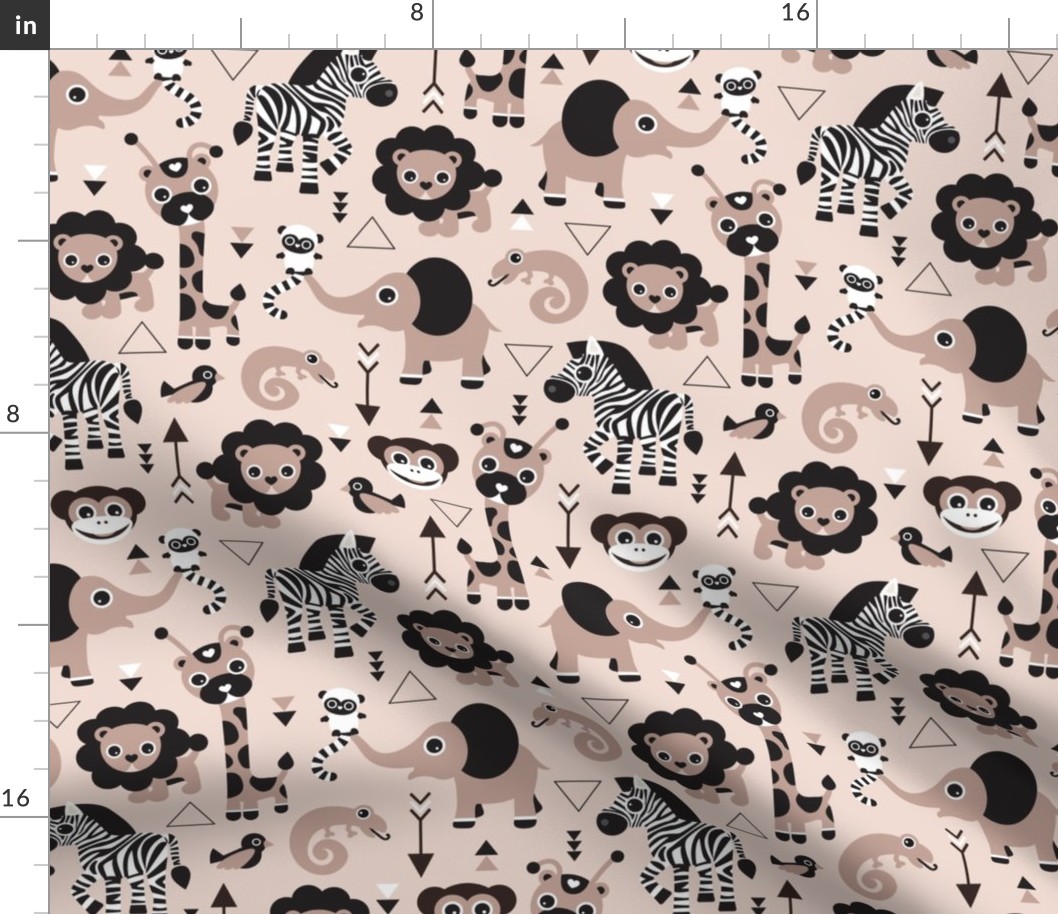 Geometric jungle zoo animals adorable kids design in gender neutral black white and beige 