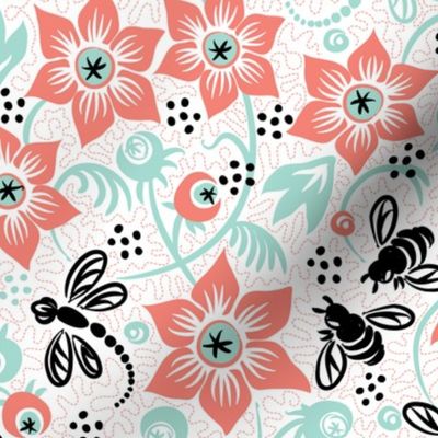 Dragonfly Bee Floral - Coral Mint