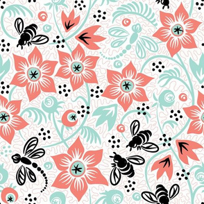 Dragonfly Bee Floral - Coral Mint