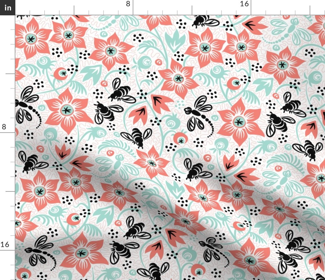 Dragonfly Bee Floral - Coral Mint