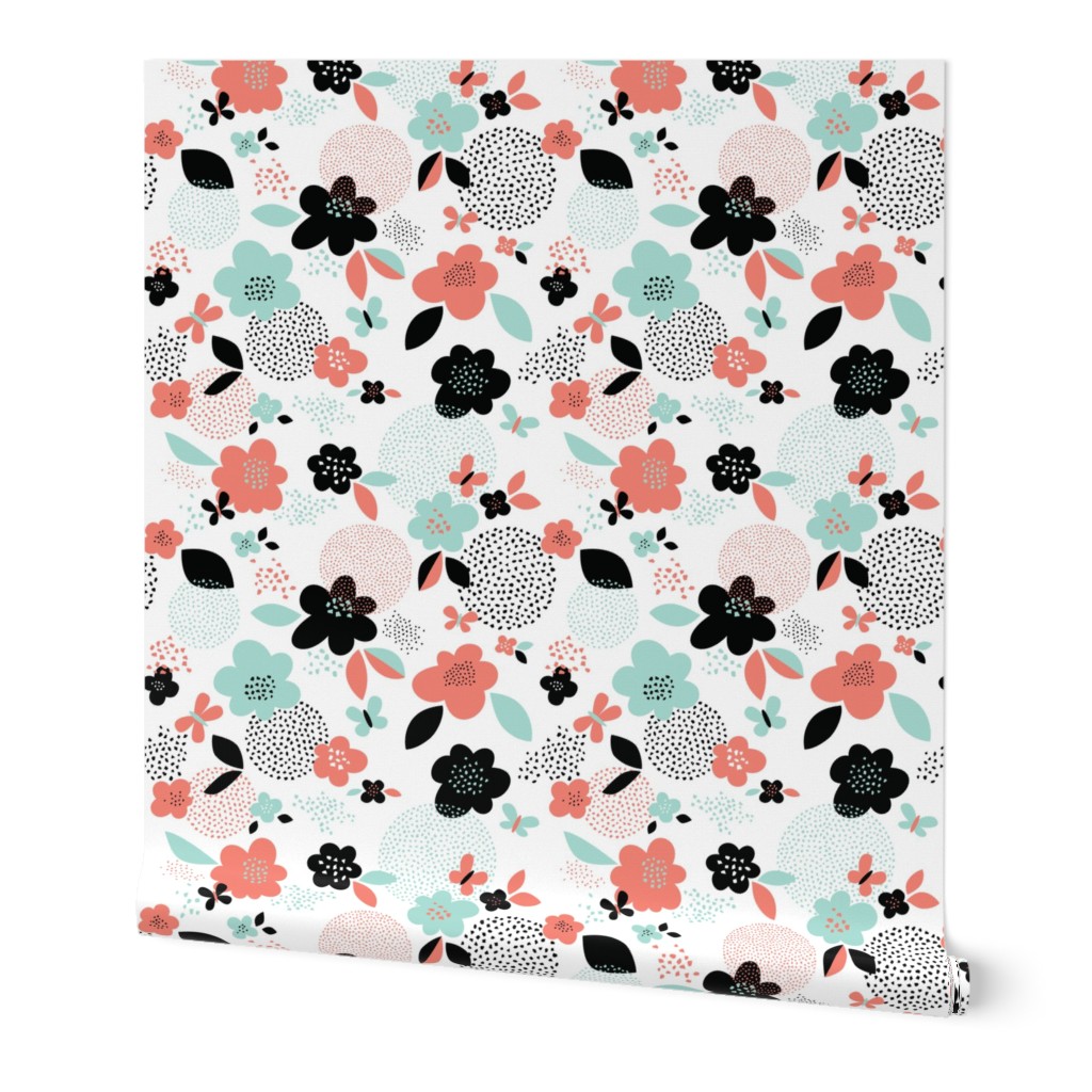 Scattered flowers // by petite_circus // black and white mint coral peach // cute baby kids nursery // 