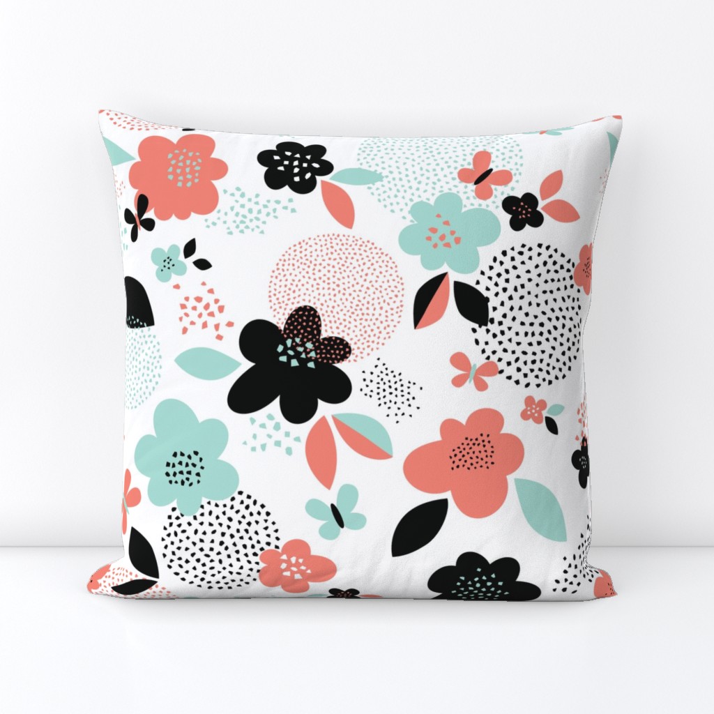 Scattered flowers // by petite_circus // black and white mint coral peach // cute baby kids nursery // 