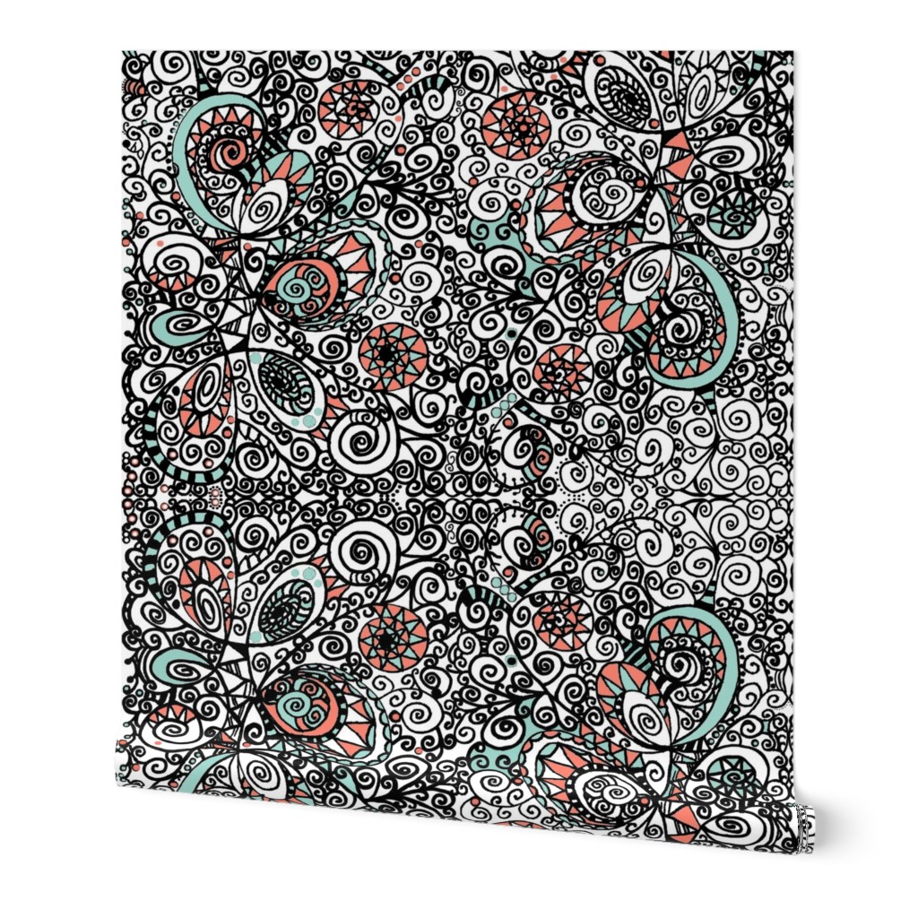 Mint Coral Black White Hand Drawn Spiral | Zen Doodle |  