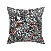 Mint Coral Black White Hand Drawn Spiral | Zen Doodle |  