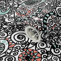 Mint Coral Black White Hand Drawn Spiral | Zen Doodle |  