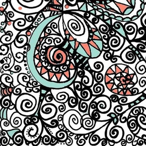 Mint Coral Black White Hand Drawn Spiral | Zen Doodle |  
