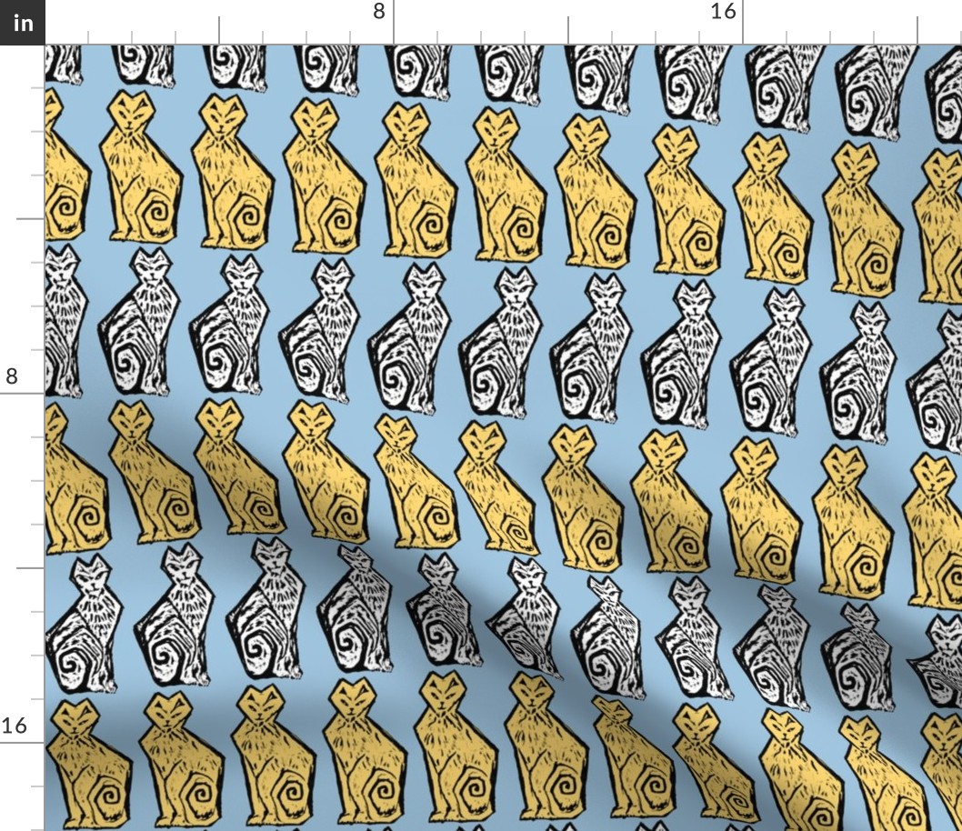 Woodcut Cubist Cats in Pastel Blue and Gold
