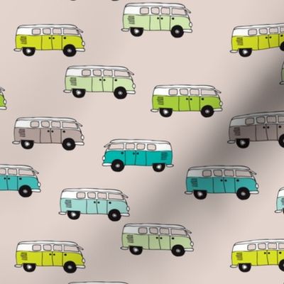 Cute vintage bohemian summer hippie van in blue lime and beige illustration pattern for kids