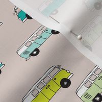 Cute vintage bohemian summer hippie van in blue lime and beige illustration pattern for kids