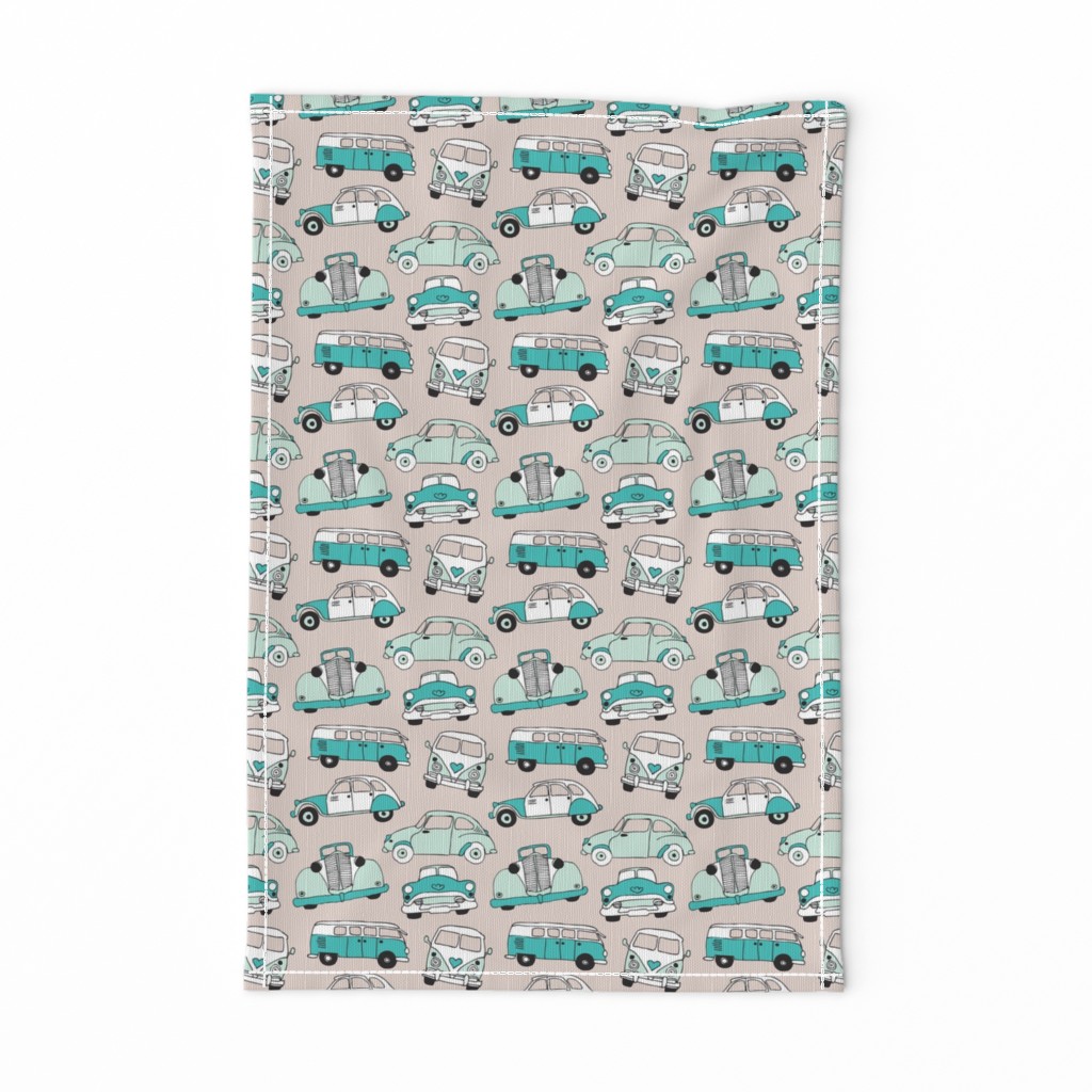 Cute vintage cars illustration with oldtimers and vw bus in beige and blue illustration pattern for boys