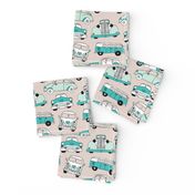 Cute vintage cars illustration with oldtimers and vw bus in beige and blue illustration pattern for boys