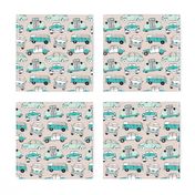 Cute vintage cars illustration with oldtimers and vw bus in beige and blue illustration pattern for boys