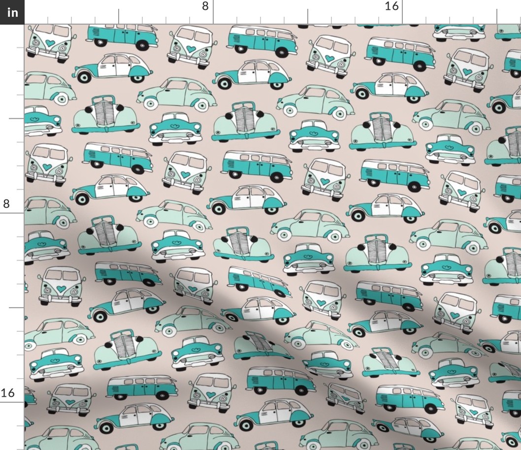 Cute vintage cars illustration with oldtimers and vw bus in beige and blue illustration pattern for boys