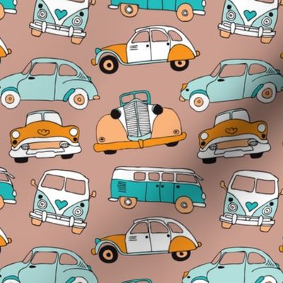 Cute vintage cars illustration with oldtimers and vw bus in retro colors and blue and orange illustration pattern for kids