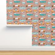 Cute vintage cars illustration with oldtimers and vw bus in retro colors and blue and orange illustration pattern for kids