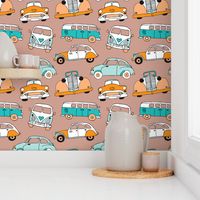 Cute vintage cars illustration with oldtimers and vw bus in retro colors and blue and orange illustration pattern for kids