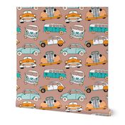 Cute vintage cars illustration with oldtimers and vw bus in retro colors and blue and orange illustration pattern for kids