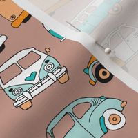 Cute vintage cars illustration with oldtimers and vw bus in retro colors and blue and orange illustration pattern for kids